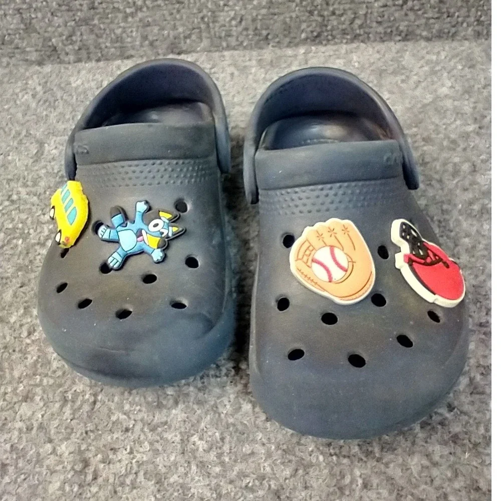 Crocs Classic Clog Kids Size C7 Navy Blue Jibbitz Charms Bluey Bus Sports